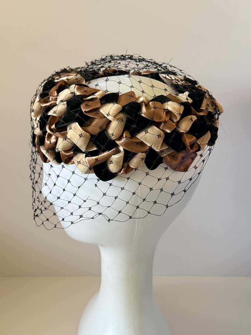 Vintage 1950s Deilhirst Halo Hat Black Bronze Champagne Ribbon Birdcage Veil Women's Mid Century Cocktail Hat