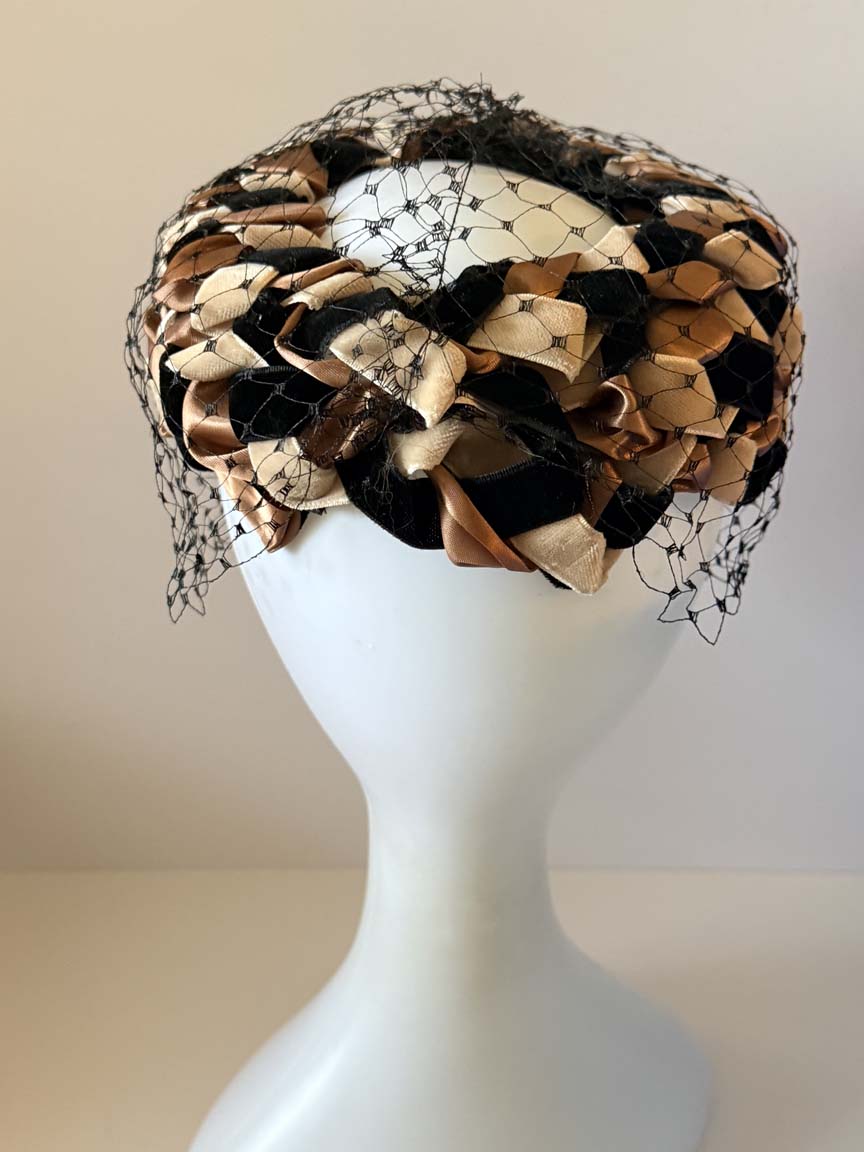Vintage 1950s Deilhirst Halo Hat Black Bronze Champagne Ribbon Birdcage Veil Women's Mid Century Cocktail Hat