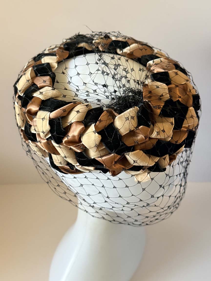 Vintage 1950s Deilhirst Halo Hat Black Bronze Champagne Ribbon Birdcage Veil Women's Mid Century Cocktail Hat