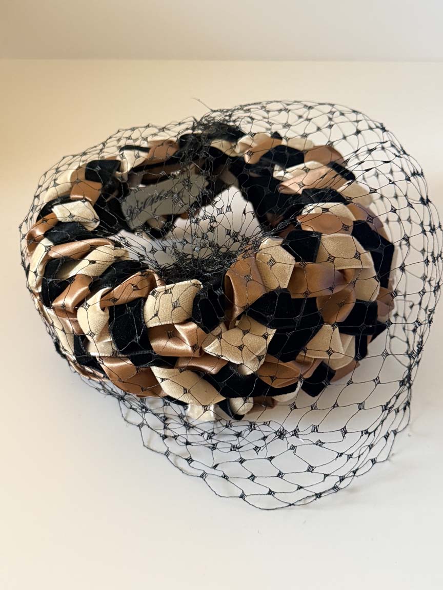 Vintage 1950s Deilhirst Halo Hat Black Bronze Champagne Ribbon Birdcage Veil Women's Mid Century Cocktail Hat