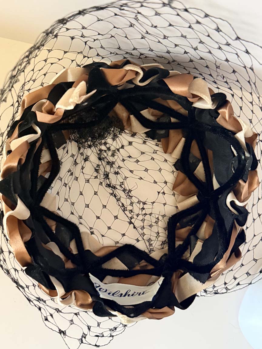 Vintage 1950s Deilhirst Halo Hat Black Bronze Champagne Ribbon Birdcage Veil Women's Mid Century Cocktail Hat