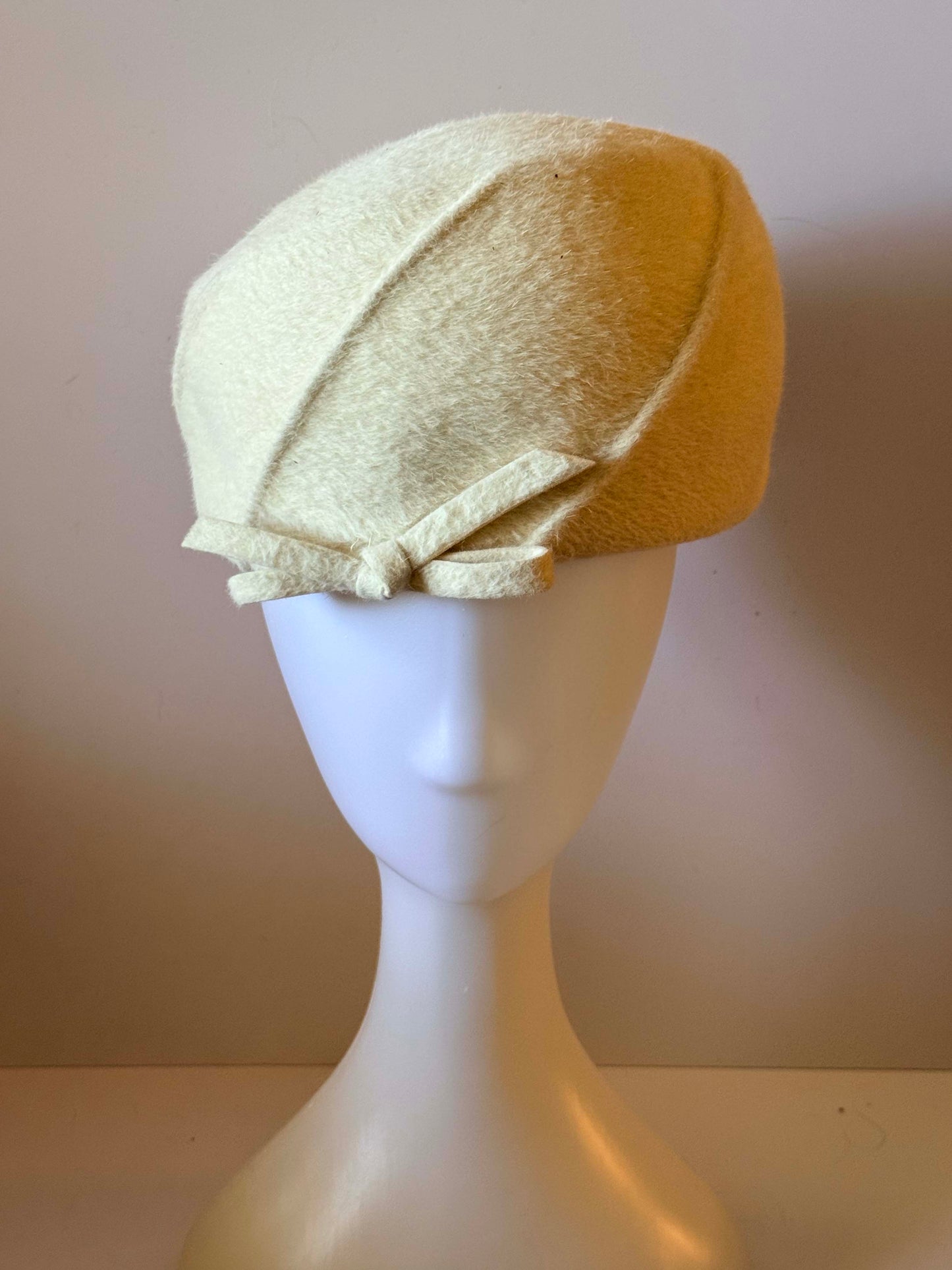1950s Ivory Angora Tilt Hat – Soft Fuzzy Wool Cocktail Hat – Minimalist Mid-Century Elegance