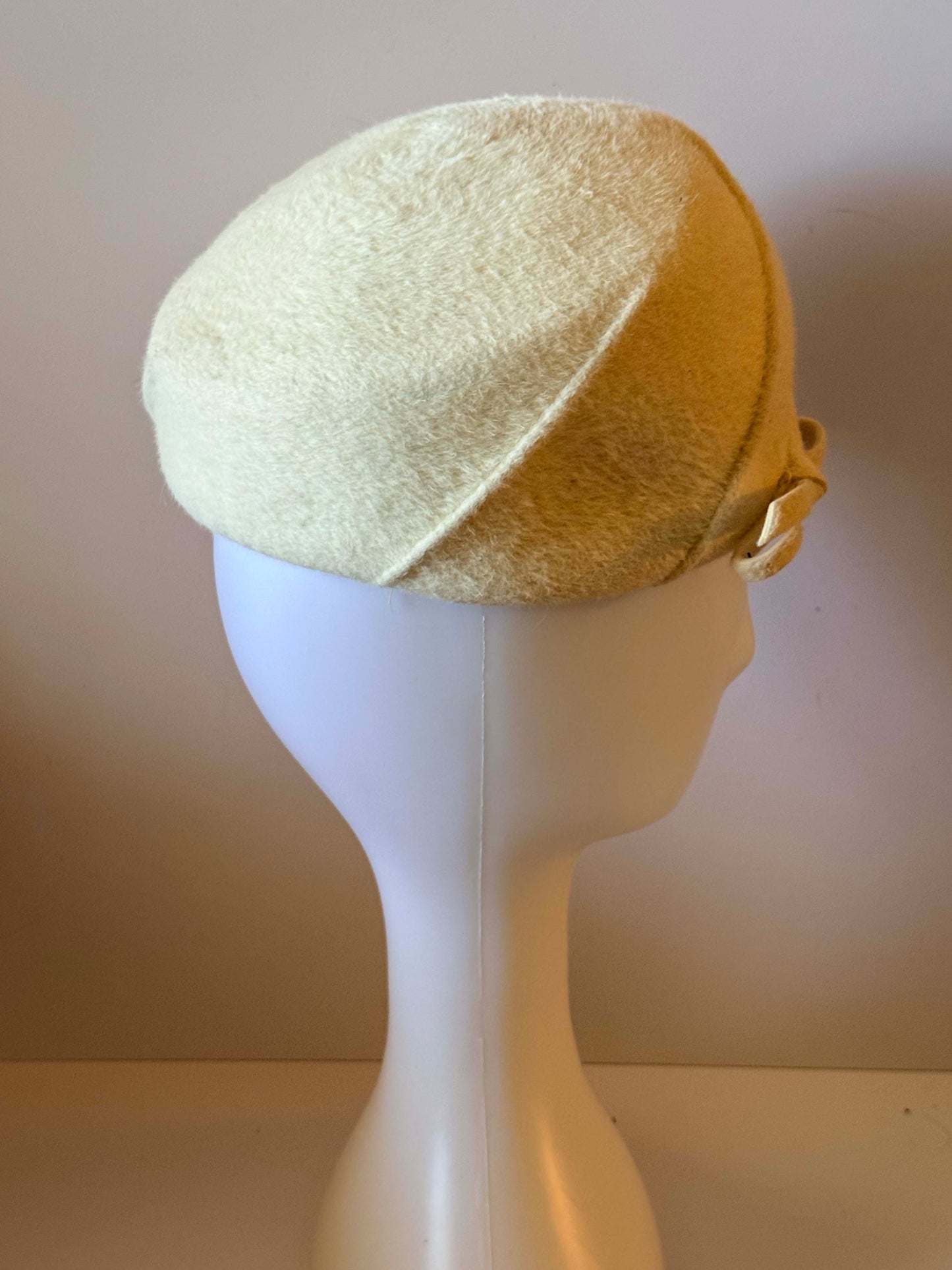 1950s Ivory Angora Tilt Hat – Soft Fuzzy Wool Cocktail Hat – Minimalist Mid-Century Elegance