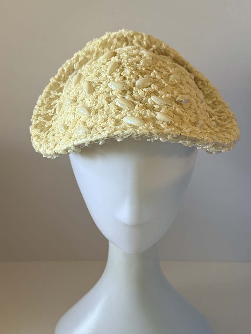 Vintage 1950s Gael Ivory Straw Hat Faux Mother of Pearl Beaded Sculptural Brim Women's Cocktail Wedding Bridal Hat
