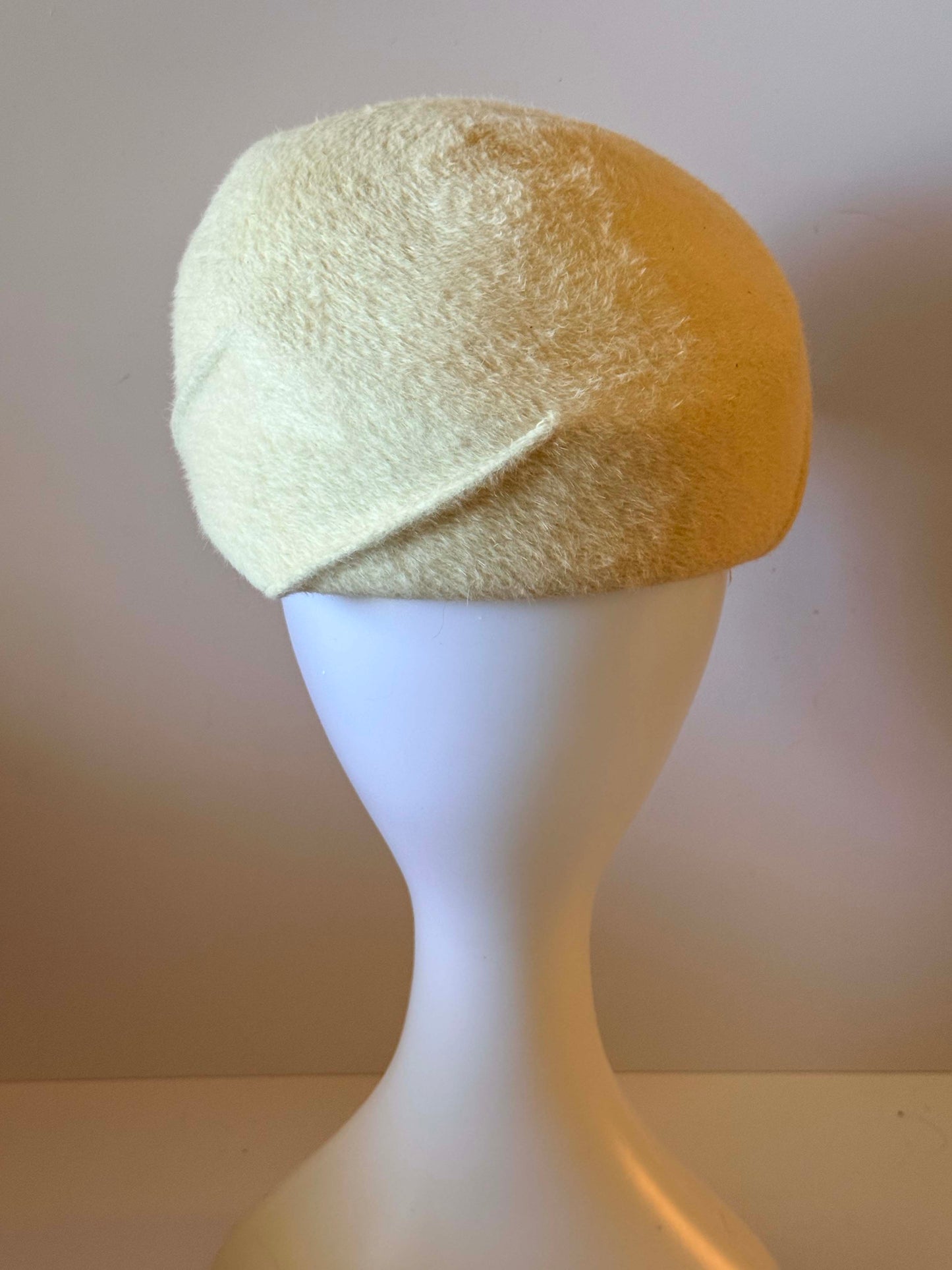 1950s Ivory Angora Tilt Hat – Soft Fuzzy Wool Cocktail Hat – Minimalist Mid-Century Elegance