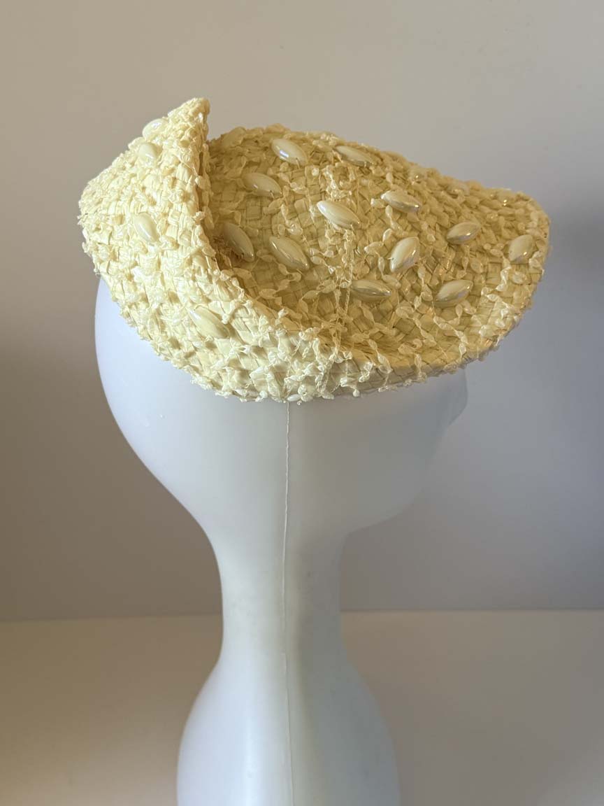 Vintage 1950s Gael Ivory Straw Hat Faux Mother of Pearl Beaded Sculptural Brim Women's Cocktail Wedding Bridal Hat