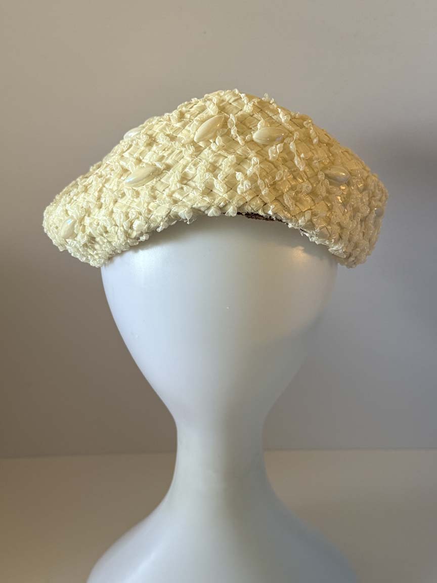 Vintage 1950s Gael Ivory Straw Hat Faux Mother of Pearl Beaded Sculptural Brim Women's Cocktail Wedding Bridal Hat