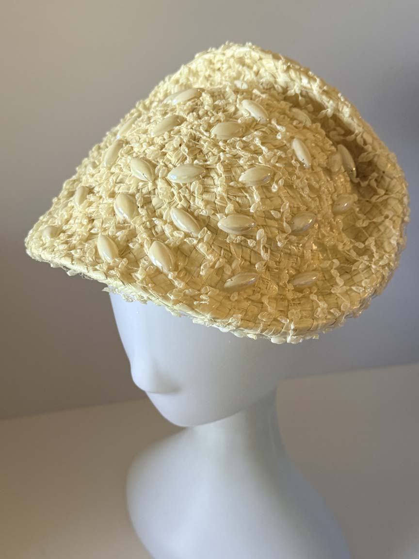 Vintage 1950s Gael Ivory Straw Hat Faux Mother of Pearl Beaded Sculptural Brim Women's Cocktail Wedding Bridal Hat