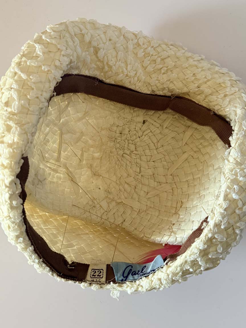 Vintage 1950s Gael Ivory Straw Hat Faux Mother of Pearl Beaded Sculptural Brim Women's Cocktail Wedding Bridal Hat