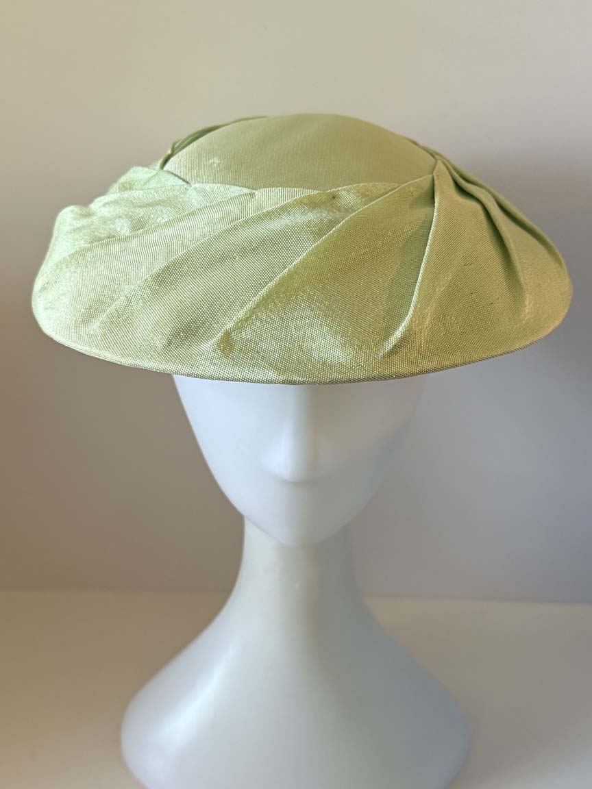 Vintage 1950s Pale Sage Green Satin Cartwheel Hat Wide Brim Sculptural Pleated Women's Mid Century Millinery