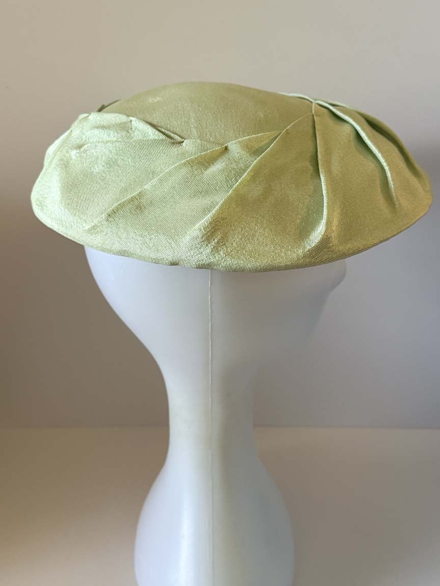 Vintage 1950s Pale Sage Green Satin Cartwheel Hat Wide Brim Sculptural Pleated Women's Mid Century Millinery