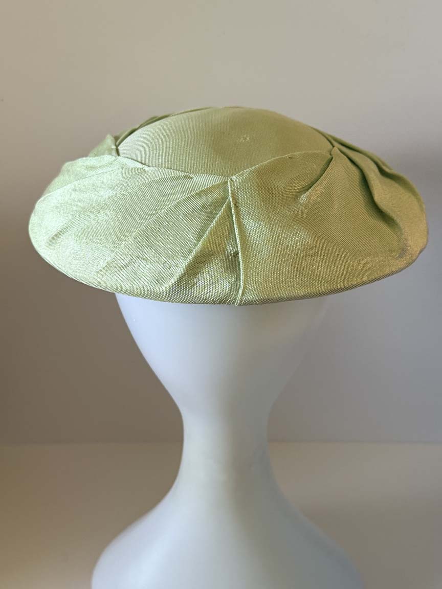 Vintage 1950s Pale Sage Green Satin Cartwheel Hat Wide Brim Sculptural Pleated Women's Mid Century Millinery