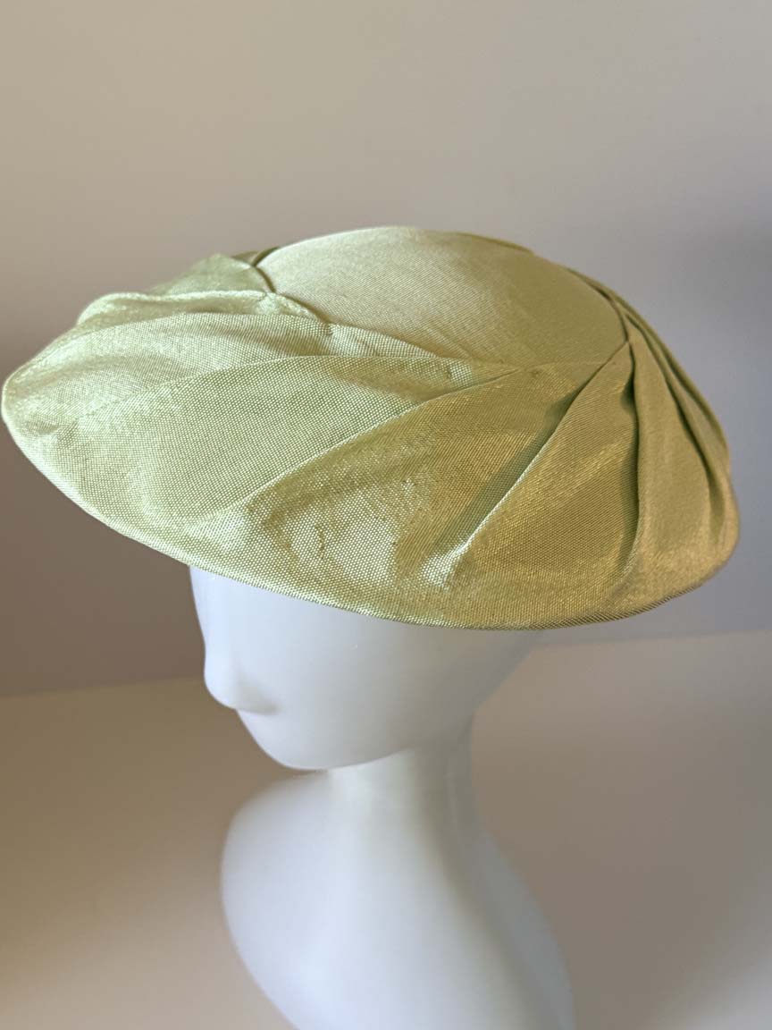 Vintage 1950s Pale Sage Green Satin Cartwheel Hat Wide Brim Sculptural Pleated Women's Mid Century Millinery