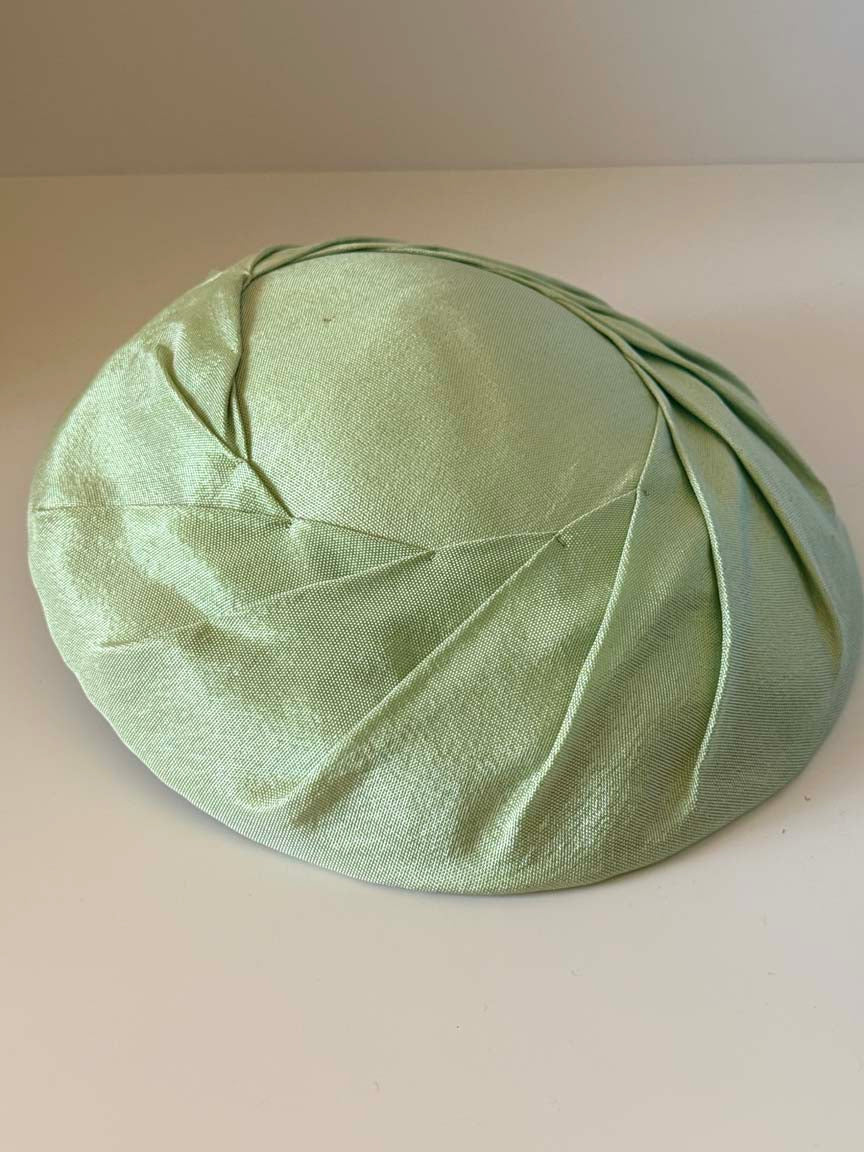 Vintage 1950s Pale Sage Green Satin Cartwheel Hat Wide Brim Sculptural Pleated Women's Mid Century Millinery