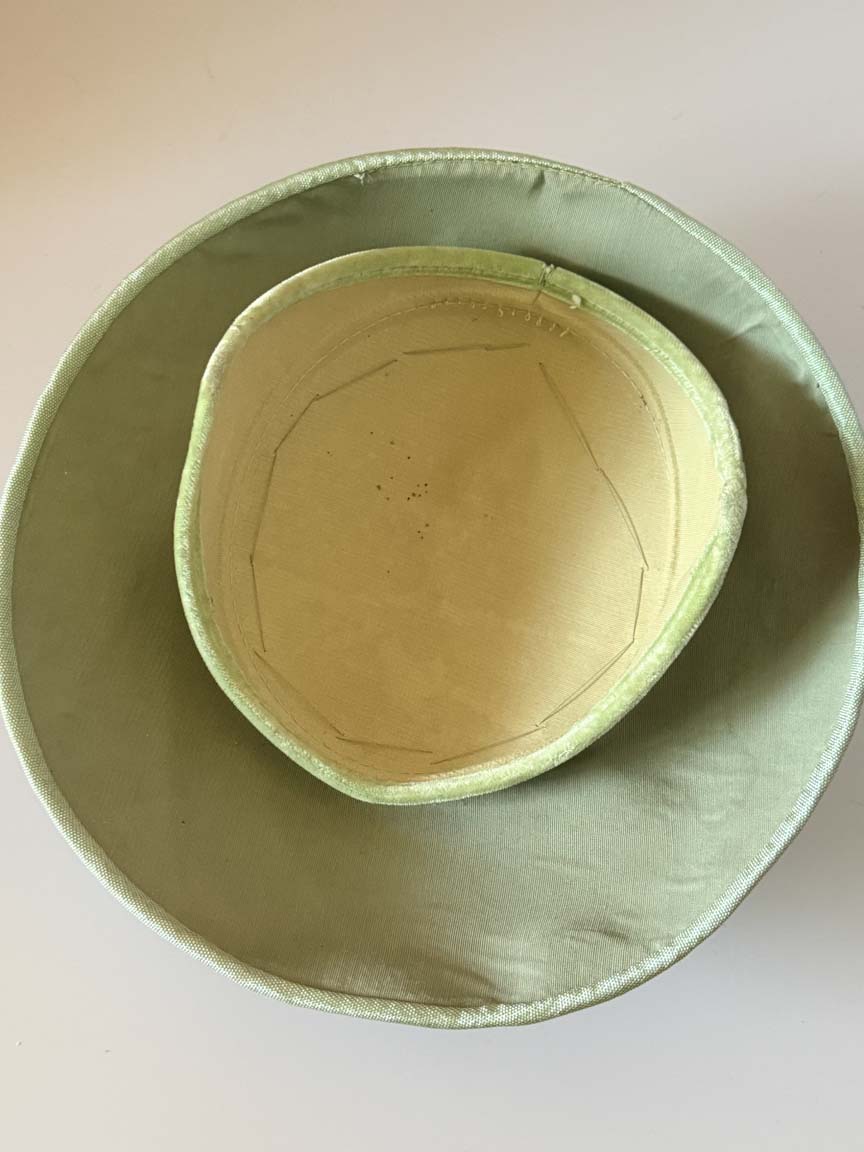 Vintage 1950s Pale Sage Green Satin Cartwheel Hat Wide Brim Sculptural Pleated Women's Mid Century Millinery