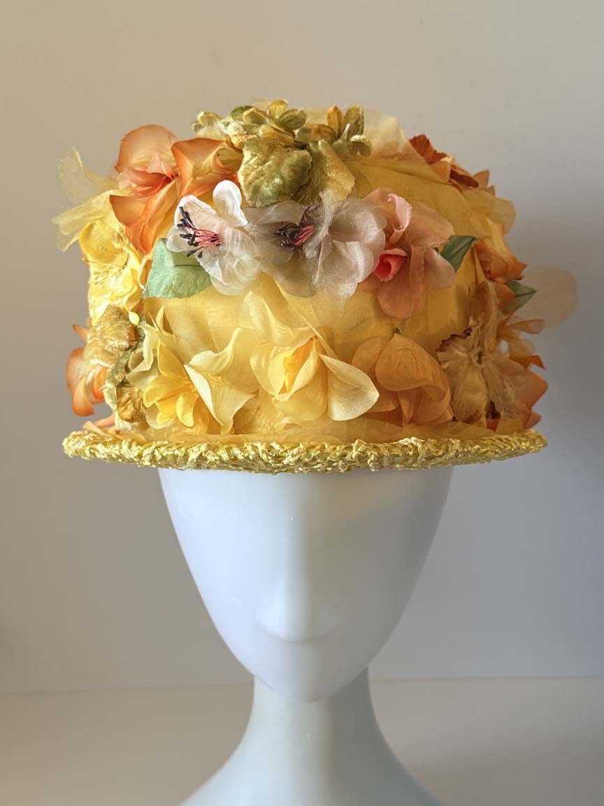 Vintage 1960s Mr M Originals Yellow Floral Hat Silk Flower Covered Straw Brim Women's Spring Garden Party Millinery