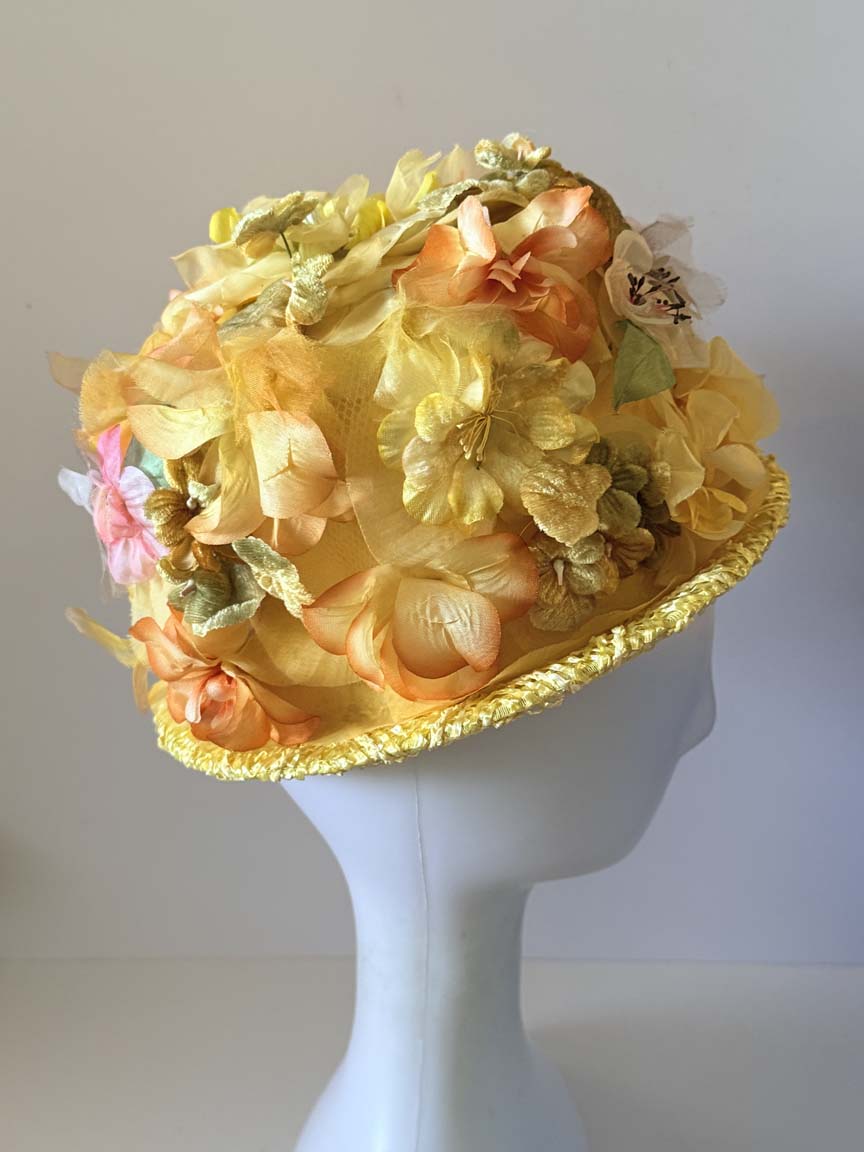 Vintage 1960s Mr M Originals Yellow Floral Hat Silk Flower Covered Straw Brim Women's Spring Garden Party Millinery
