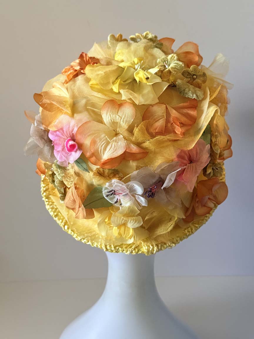 Vintage 1960s Mr M Originals Yellow Floral Hat Silk Flower Covered Straw Brim Women's Spring Garden Party Millinery