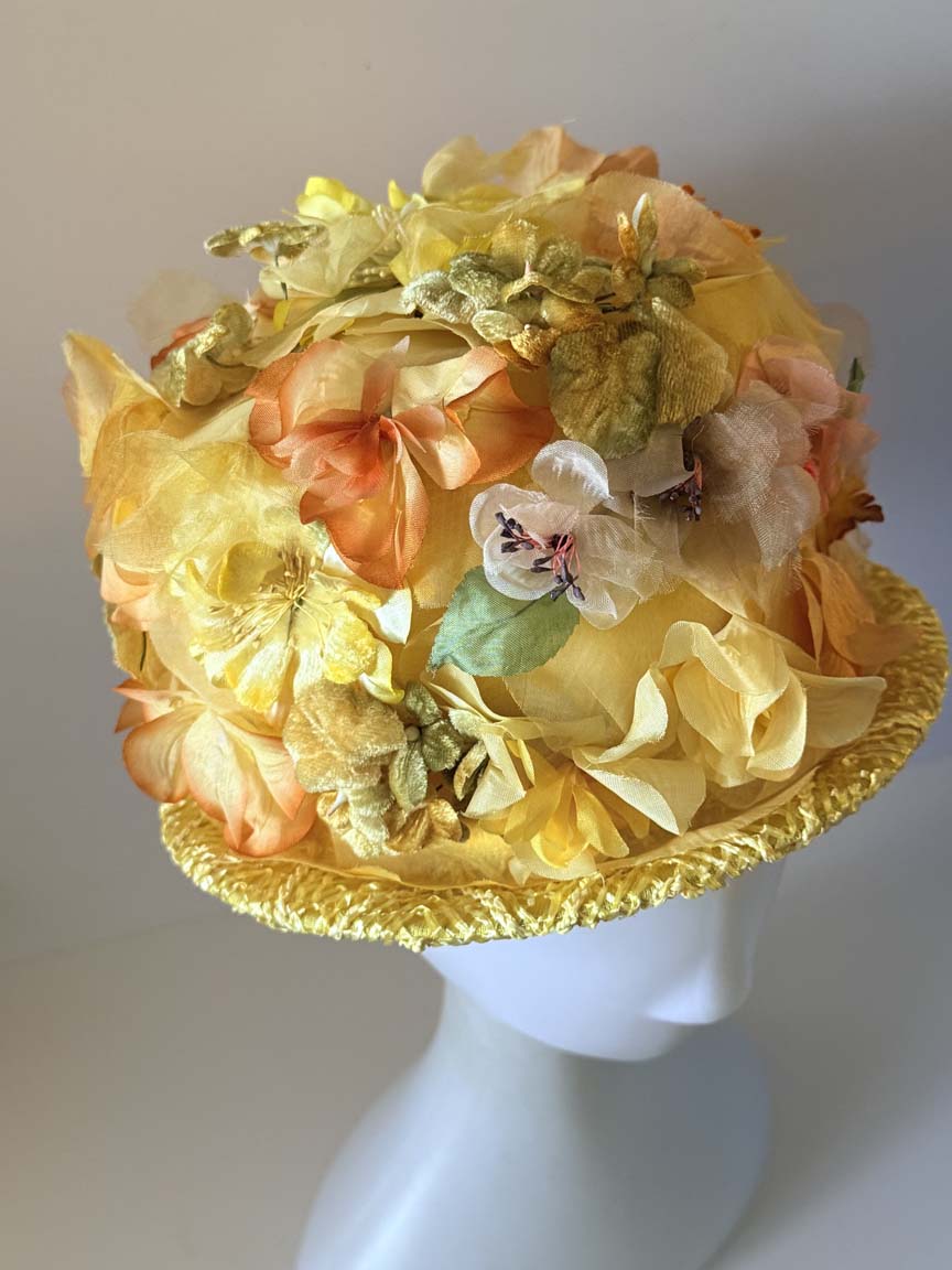 Vintage 1960s Mr M Originals Yellow Floral Hat Silk Flower Covered Straw Brim Women's Spring Garden Party Millinery