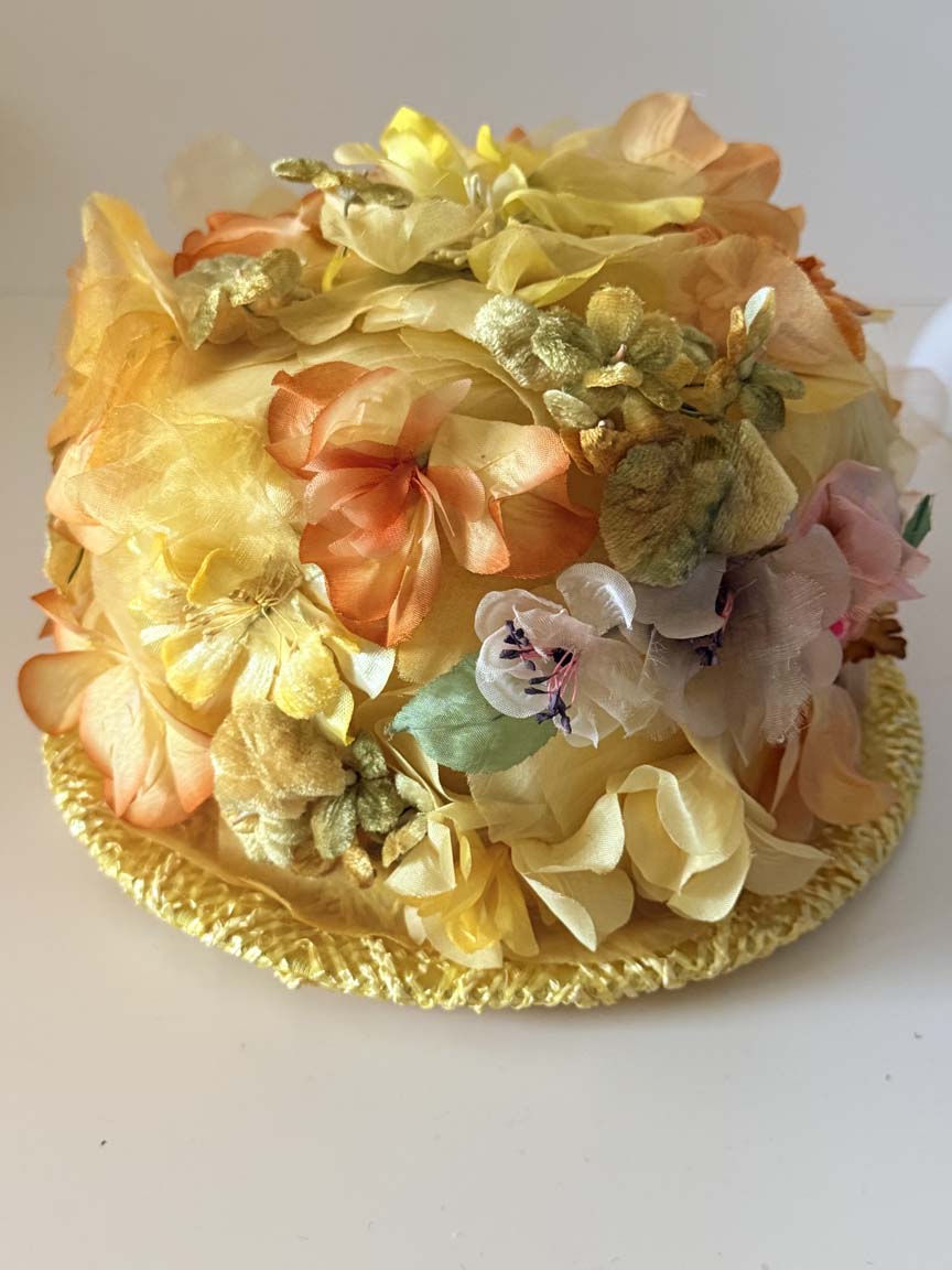 Vintage 1960s Mr M Originals Yellow Floral Hat Silk Flower Covered Straw Brim Women's Spring Garden Party Millinery