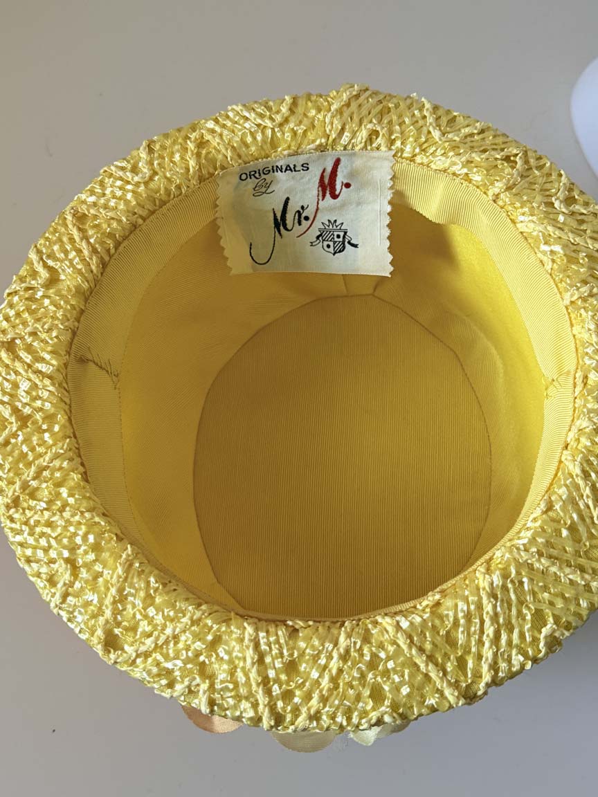 Vintage 1960s Mr M Originals Yellow Floral Hat Silk Flower Covered Straw Brim Women's Spring Garden Party Millinery