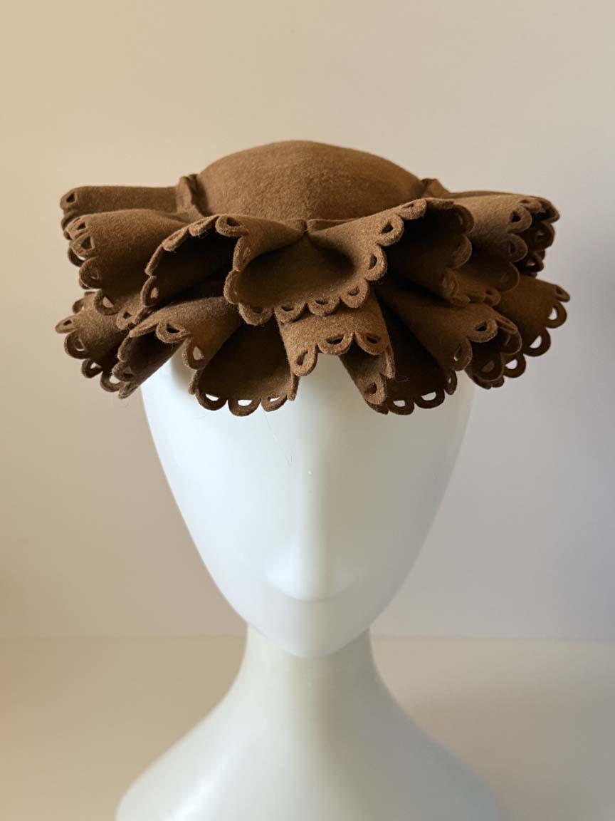 Vintage 1940s Glenover Brown Wool Felt Tilt Hat Layered Scalloped Cutwork Brim Women's WWII Era Millinery