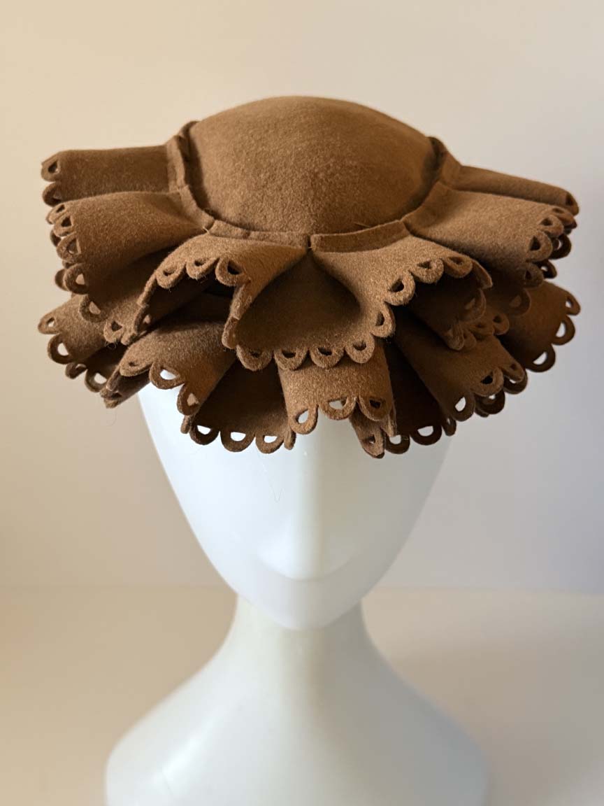Vintage 1940s Glenover Brown Wool Felt Tilt Hat Layered Scalloped Cutwork Brim Women's WWII Era Millinery