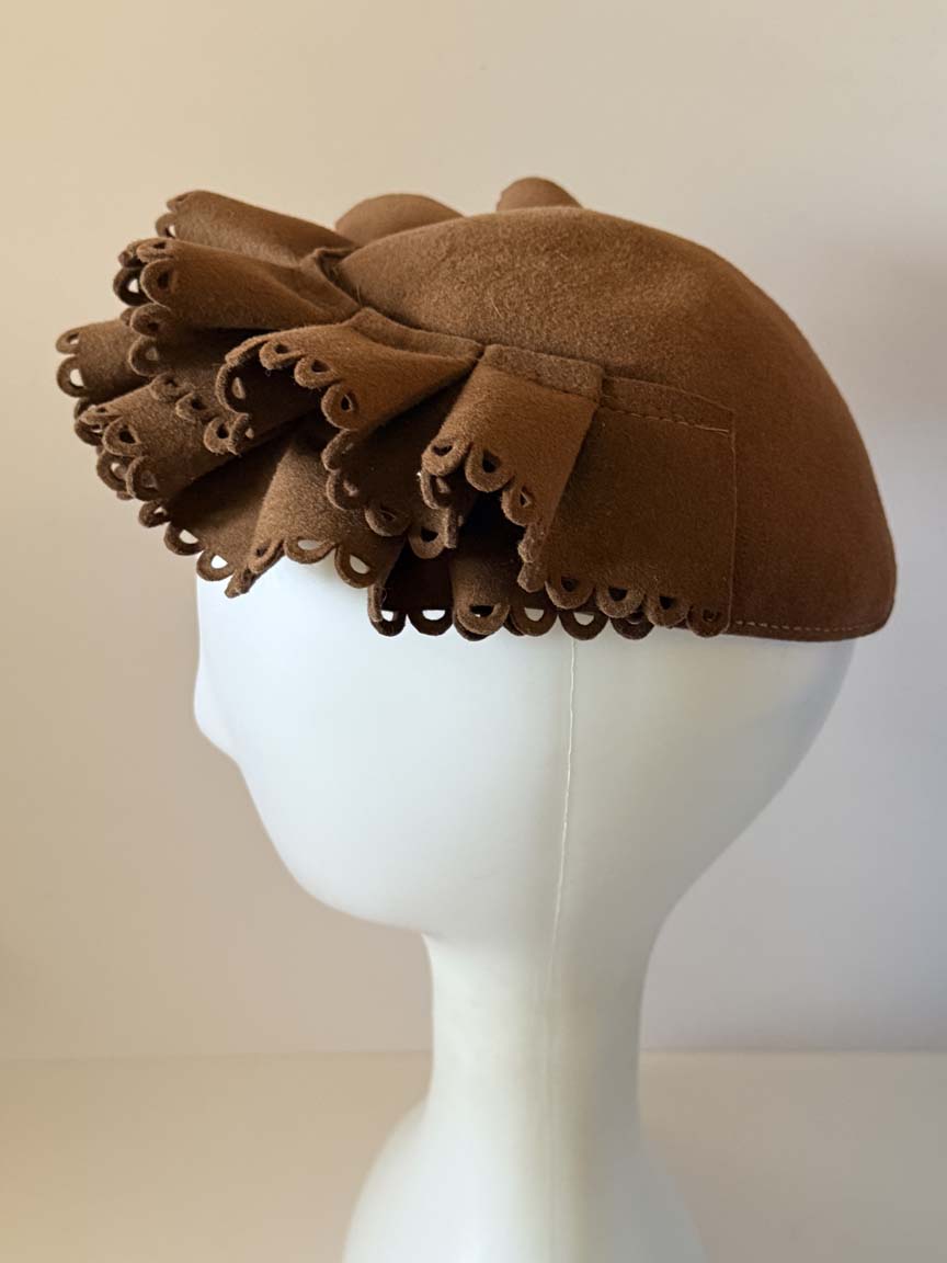 Vintage 1940s Glenover Brown Wool Felt Tilt Hat Layered Scalloped Cutwork Brim Women's WWII Era Millinery