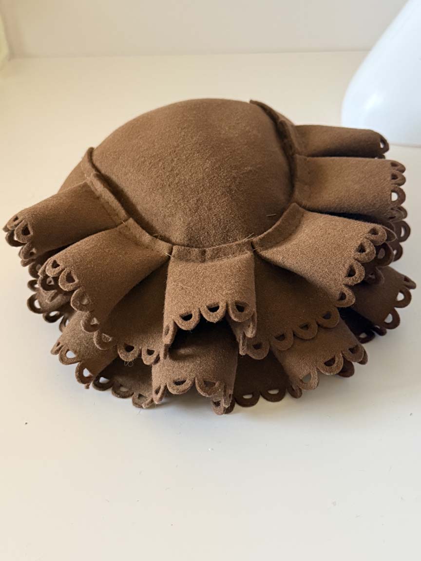 Vintage 1940s Glenover Brown Wool Felt Tilt Hat Layered Scalloped Cutwork Brim Women's WWII Era Millinery