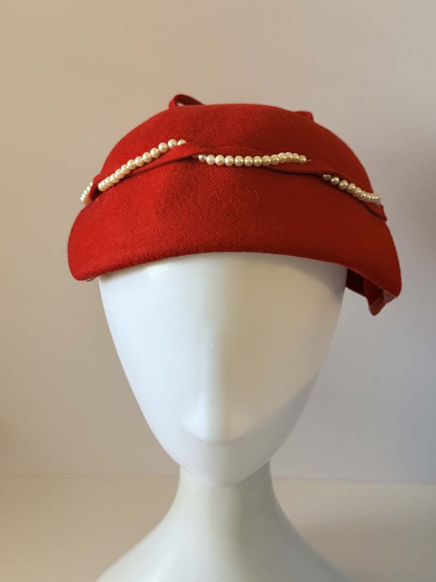 Vintage 1940s Glenover Red Wool Felt Tilt Hat Faux Pearl Swag Bow Trim Women's WWII Era Sculptural Millinery