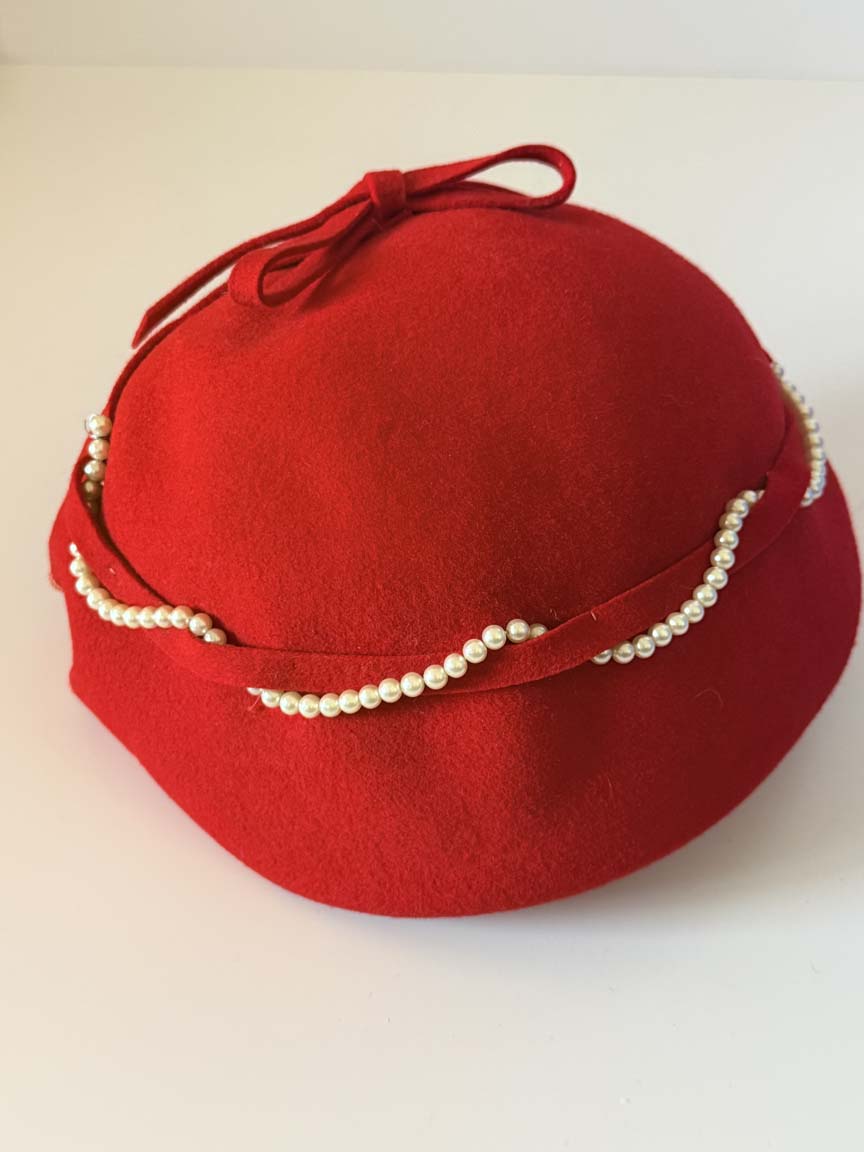 Vintage 1940s Glenover Red Wool Felt Tilt Hat Faux Pearl Swag Bow Trim Women's WWII Era Sculptural Millinery