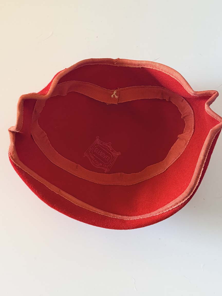Vintage 1940s Glenover Red Wool Felt Tilt Hat Faux Pearl Swag Bow Trim Women's WWII Era Sculptural Millinery