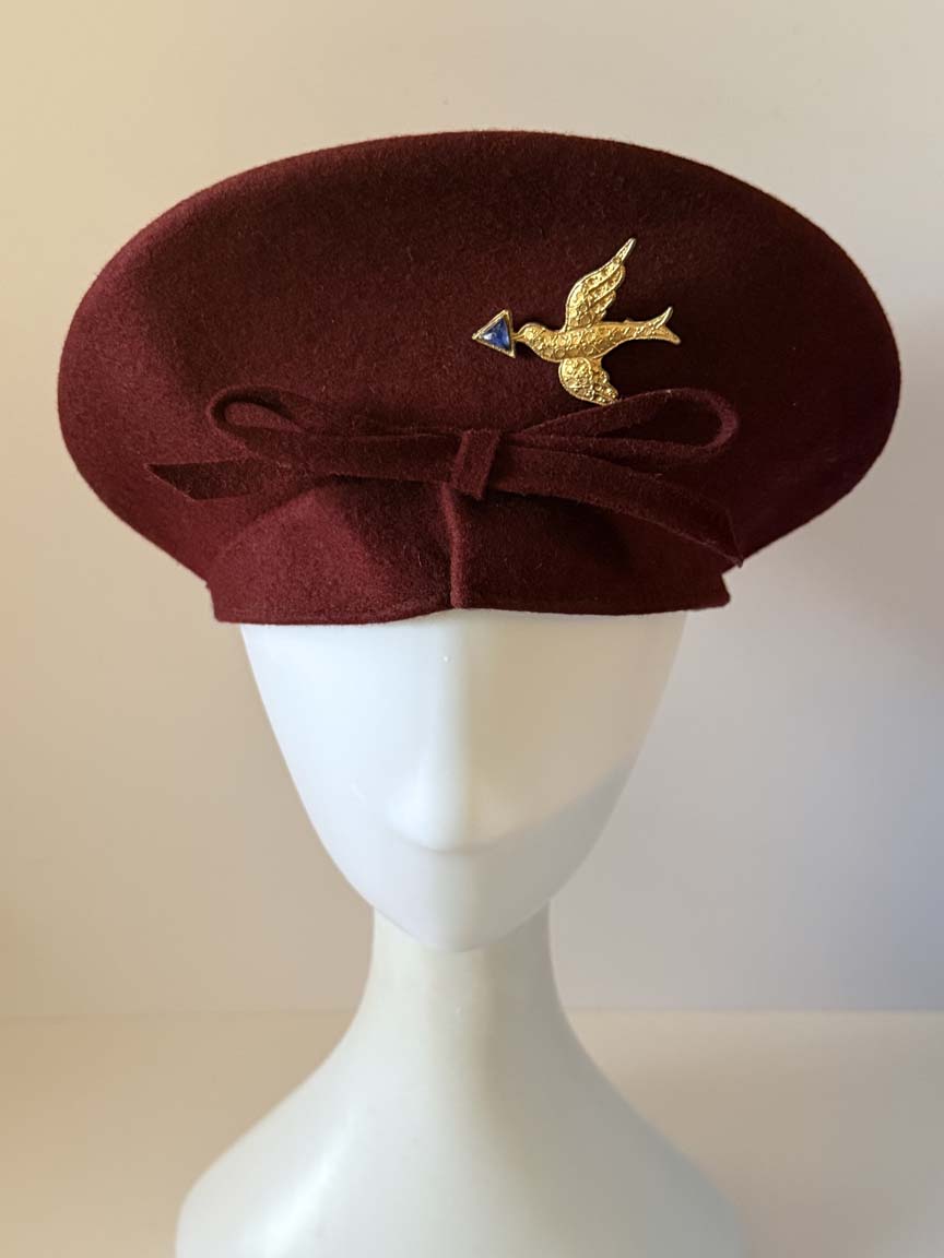 Vintage 1940s Burgundy Wool Felt Tilt Hat Gold Bird Brooch Bow Wine Red Women's WWII Era Sculptural Millinery