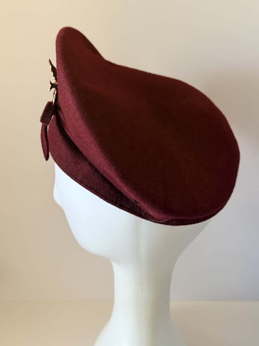 Vintage 1940s Burgundy Wool Felt Tilt Hat Gold Bird Brooch Bow Wine Red Women's WWII Era Sculptural Millinery