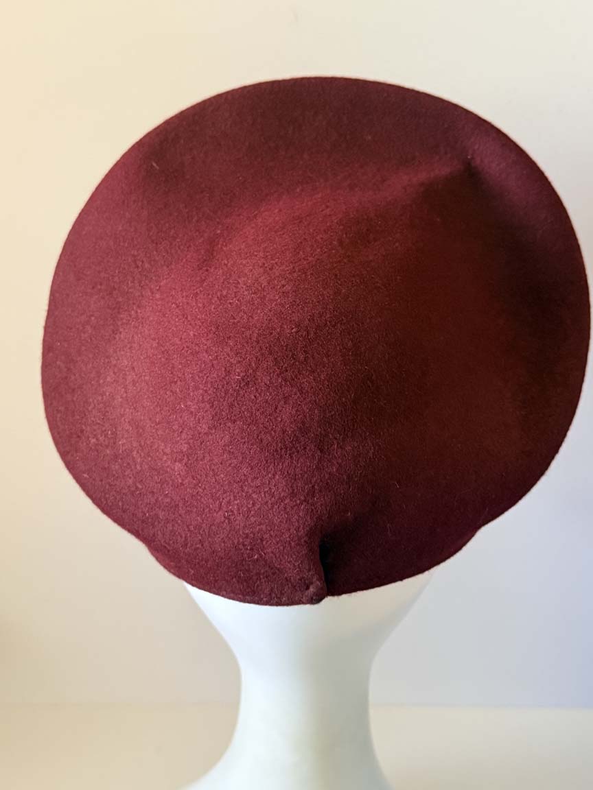 Vintage 1940s Burgundy Wool Felt Tilt Hat Gold Bird Brooch Bow Wine Red Women's WWII Era Sculptural Millinery
