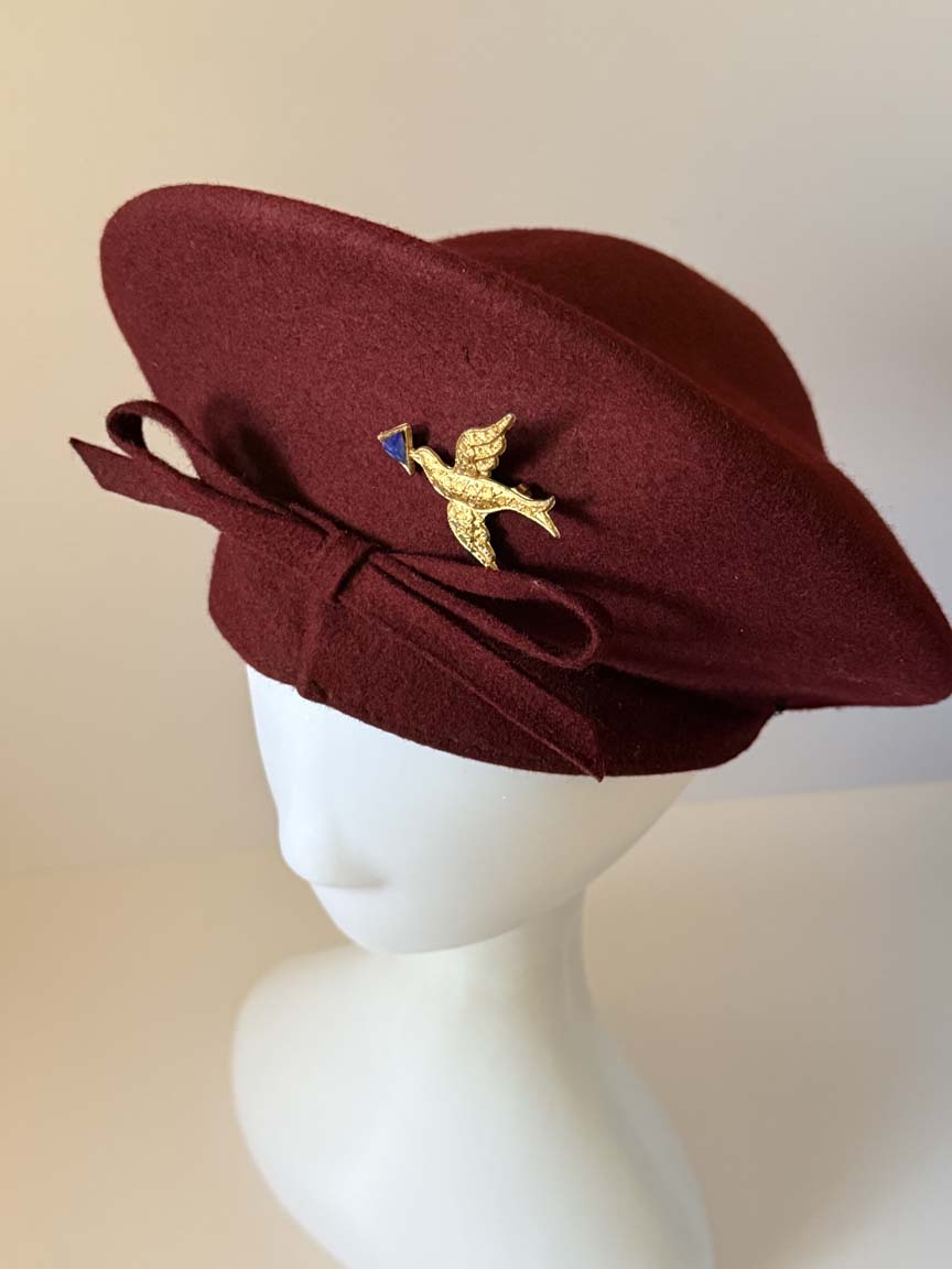 Vintage 1940s Burgundy Wool Felt Tilt Hat Gold Bird Brooch Bow Wine Red Women's WWII Era Sculptural Millinery
