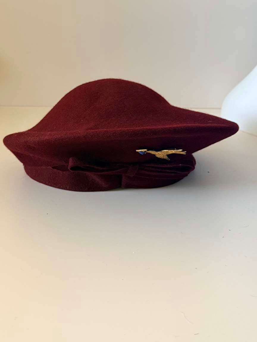 Vintage 1940s Burgundy Wool Felt Tilt Hat Gold Bird Brooch Bow Wine Red Women's WWII Era Sculptural Millinery