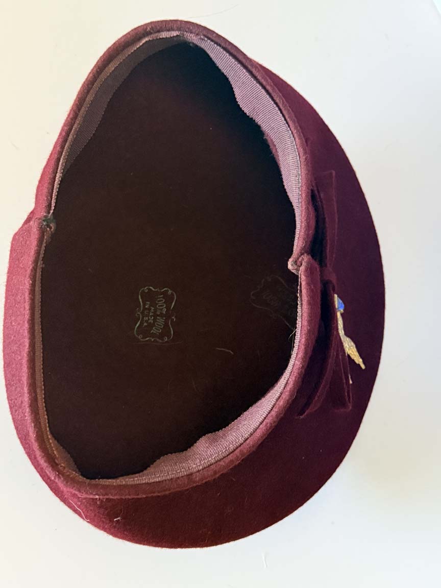 Vintage 1940s Burgundy Wool Felt Tilt Hat Gold Bird Brooch Bow Wine Red Women's WWII Era Sculptural Millinery