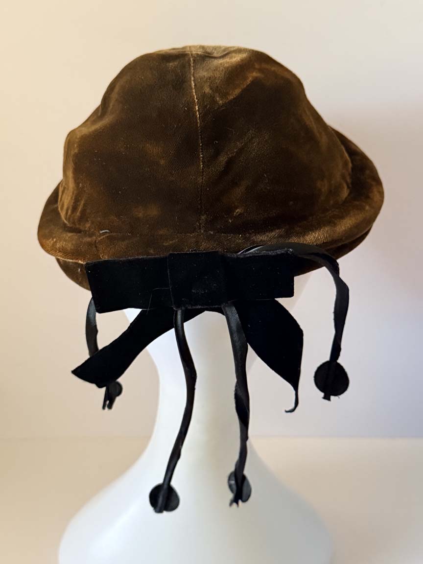 Vintage 1940s Debsway Chocolate Brown Velvet Hat Black Bow Ribbon Streamers Women's WWII Era Tilt Hat Millinery