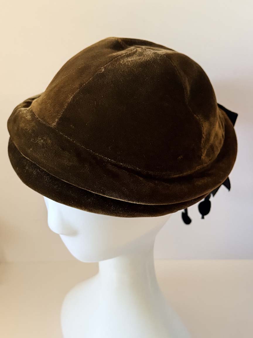 Vintage 1940s Debsway Chocolate Brown Velvet Hat Black Bow Ribbon Streamers Women's WWII Era Tilt Hat Millinery
