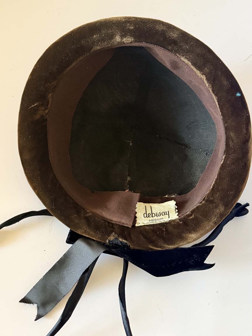 Vintage 1940s Debsway Chocolate Brown Velvet Hat Black Bow Ribbon Streamers Women's WWII Era Tilt Hat Millinery
