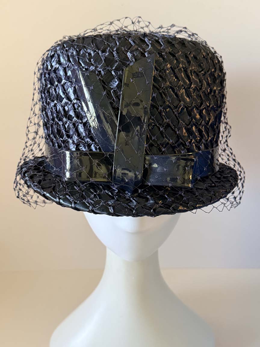 Vintage 1960s Dark Navy Straw Bucket Hat Patent Bow Navy Veil Women's Mod Cocktail Hat Mid Century Millinery