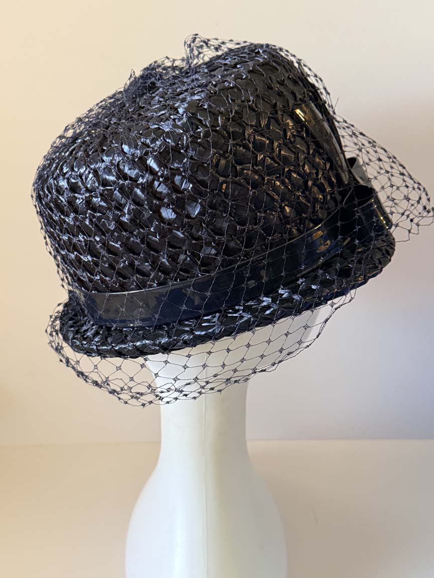 Vintage 1960s Dark Navy Straw Bucket Hat Patent Bow Navy Veil Women's Mod Cocktail Hat Mid Century Millinery