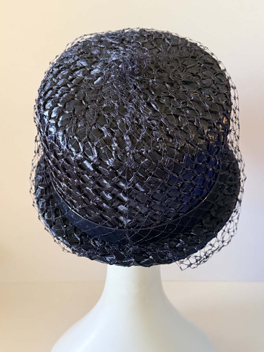Vintage 1960s Dark Navy Straw Bucket Hat Patent Bow Navy Veil Women's Mod Cocktail Hat Mid Century Millinery