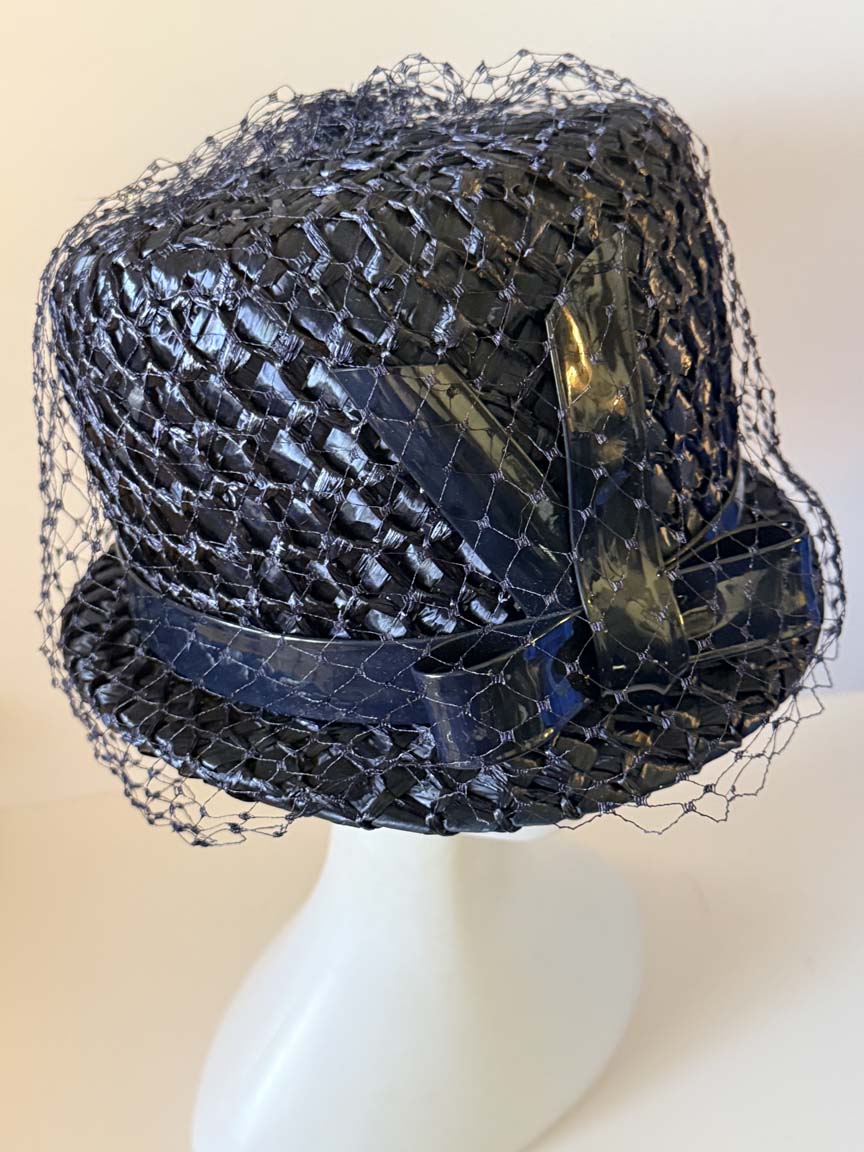 Vintage 1960s Dark Navy Straw Bucket Hat Patent Bow Navy Veil Women's Mod Cocktail Hat Mid Century Millinery