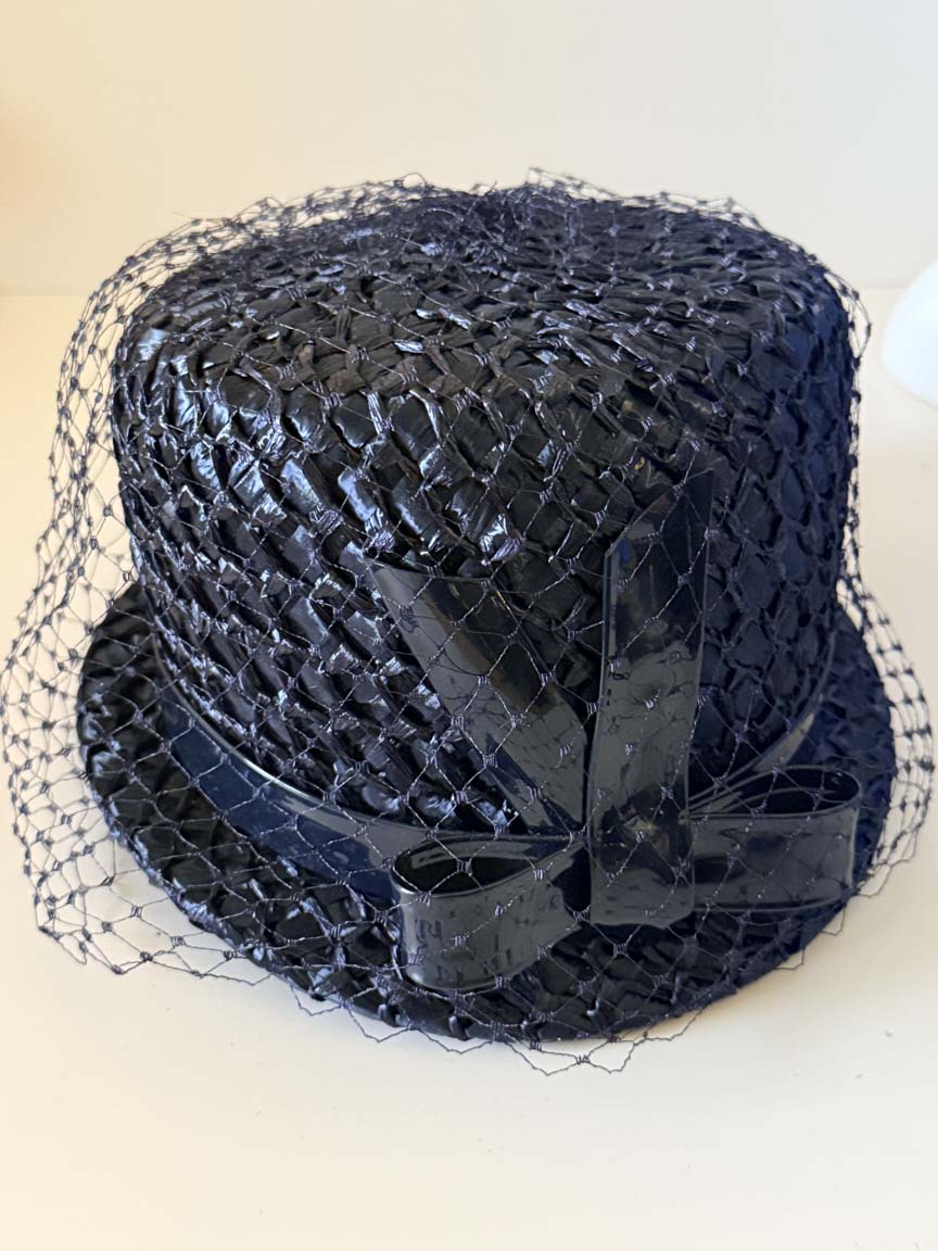 Vintage 1960s Dark Navy Straw Bucket Hat Patent Bow Navy Veil Women's Mod Cocktail Hat Mid Century Millinery