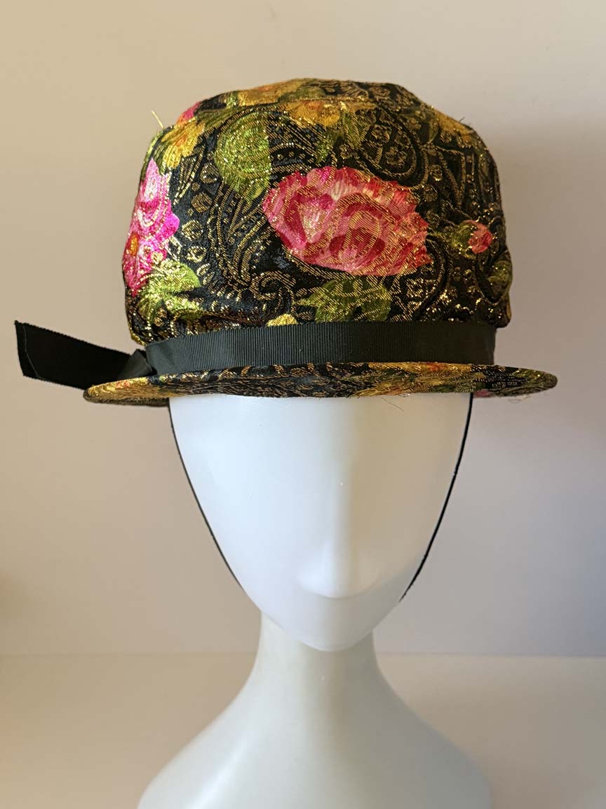 Vintage 1960s Carol Black Gold Brocade Fedora Hat Pink Roses Metallic Floral Jacquard Women's Mid Century Millinery