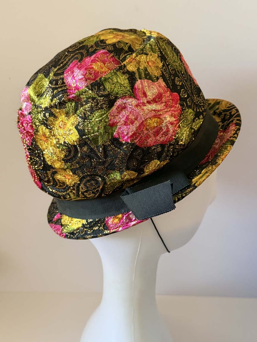 Vintage 1960s Carol Black Gold Brocade Fedora Hat Pink Roses Metallic Floral Jacquard Women's Mid Century Millinery