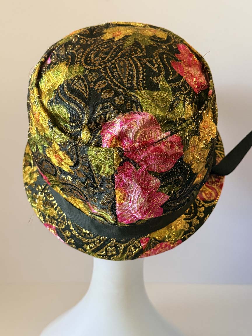 Vintage 1960s Carol Black Gold Brocade Fedora Hat Pink Roses Metallic Floral Jacquard Women's Mid Century Millinery