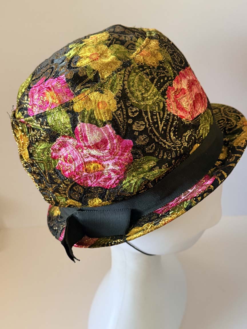 Vintage 1960s Carol Black Gold Brocade Fedora Hat Pink Roses Metallic Floral Jacquard Women's Mid Century Millinery